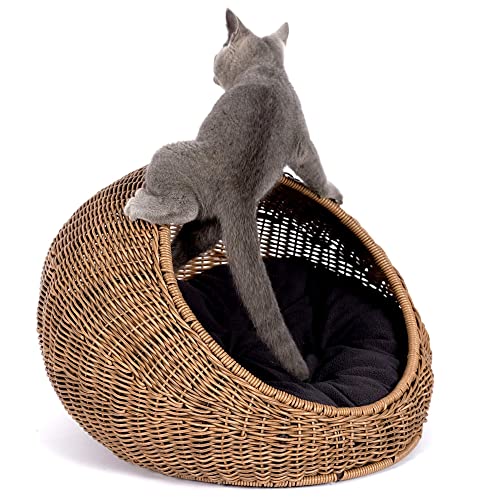 D+GARDEN Wicker Cat Bed Dome for Medium Indoor Cats - a Covered Cat Hideaway Hut of Faux Rattan Houses Pets in Dome Basket, Washable