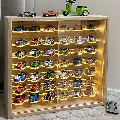 1/64 Mini Cars Display Case with Lighted 7 Tiers Wall Mounted Display Box with Acrylic Shelves at 45-Degree Angle and Door Storage for 42 Hot Diecast Wheels Toy Cars