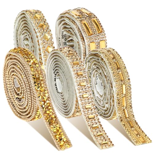 5 Rolls Gold Rhinestone Ribbon 5 Styles Shiny Rhinestone Tape Resin Self-Adhesive Rhinestones Strips for Art Craft DIY Party Home Clothing Decorations