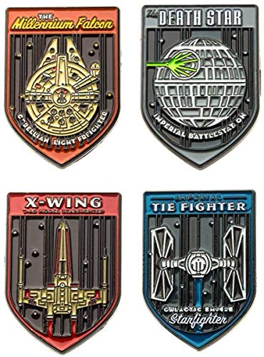 Star Wars Base Metal Millennium Falcon, Death Star,Tie-Fighter and X-Wing Fighters Space Ships Lapel Pin Set (4 Piece)