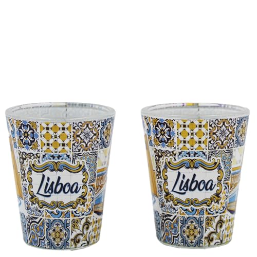 Gift Souvenirs Lisbon Portugal Traditional Tram Shot Glasses, Set of 2, Lisbon Yellow Tram, Blue and Yellow Tile Azulejo