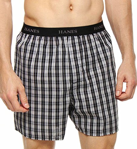 Hanes Classic Mens Yarn Dyed Exposed Waistband Boxer P5_Black/Blue_M