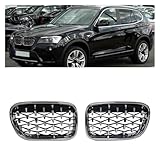 One Pair Front Grill Diamond Kidney Grilles Compatible For BMW X3 F25 2010 2011 2012 2013 Chrome Meteor Style Car Replacement Part(Black)