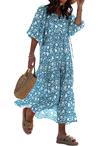 miduo Womens Maxi Dress Spring Fashion Casual V Neck Short Half Sleeve Flower Pattern Boho Beachwear Long Maxi Floor Dresses L