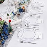 GATHER 700PCS Silver Plastic Plates - Silver Plates Set 100Guest - Disposable Dinnerware Plates 100Silver Rim Dinner Plates 100Silver Dessert Plates 100Paper Napkins&Cups&silver Plastic Silverware Set