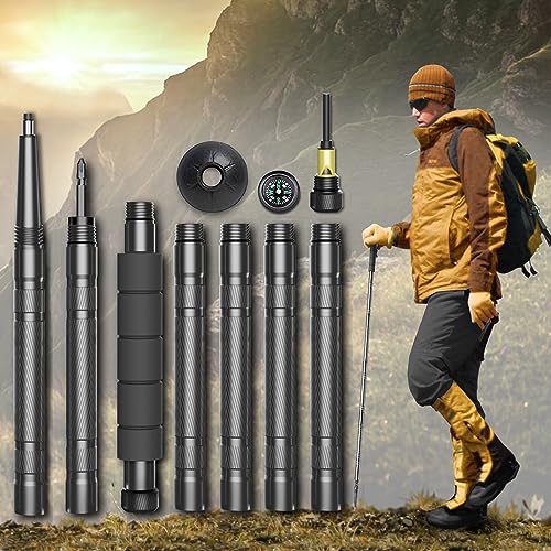 Hiking Stick Collapsible Walking Stick Staff for Hiking Outdoor Trekking Pole with Compasse, Whistle, etc. (1 Stick/ 7 Tubes)