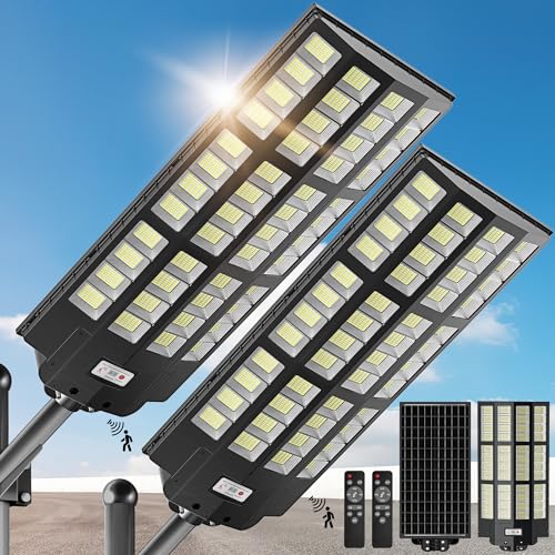 OKPRO 10000W Solar Street Lights Outdoor - Wide Angle Solar Lights Outdoor Motion Sensor, Commercial Parking Lot Light Dusk to Dawn, 7000K LED Street Light Solar Powered Heavy Duty for Yard(2 Pack)