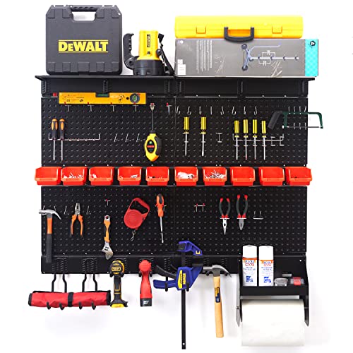 Wallmaster Pegboard Organizer Garage Storage - Pegboard Wall Organizer Pegboard Hooks Set Utility Tool Storage Rack with Wall Mounted Storage Bins&Overhead Shelf&Paper Towel Holder (Black)