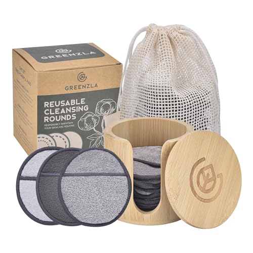 Greenzla Reusable Makeup Remover Pads Premium Set, 12 Pack Microfiber Cotton Pads, Charcoal Cotton Rounds, Bamboo Terry Face Wipes for All Skin Types with Mesh Laundry Bag and Bamboo Storage