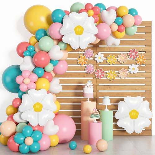 161pc Daisy Balloon Garland Arch Kit, Pastel Groovy Flower Party Decorations with Pink Yellow Orange Blue Green Daisy Banners for Baby Shower Retro Hippie Two Groovy Boho Birthday Party Decor