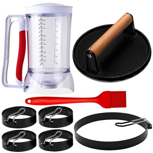 8-Piece Griddle Breakfast Kit for Blackstone - Complete Set of Griddle Accessories,Pancake Batter Dispenser, Bacon Press,Egg Rings and Basting Brush Included
