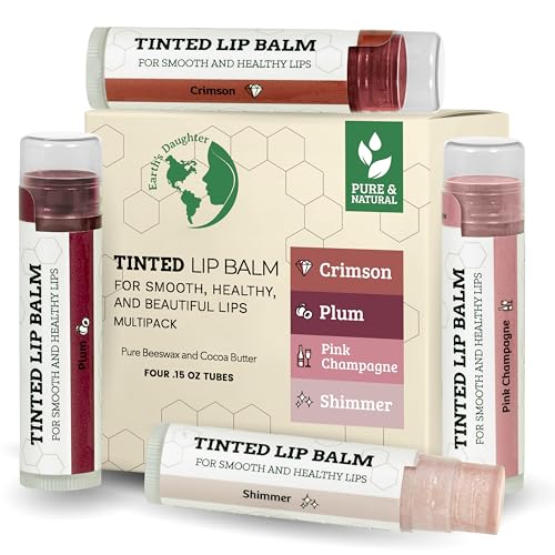 Tinted Lip Balm by Earth’s Daughter – 4 Pack of Assorted Colors – Beeswax, Coconut Oil, Cocoa Butter, Vitamin E – Moisturize and Beautify – Paraben Free