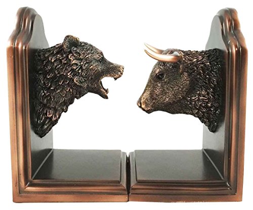 Ebros Wall Street Stock Market Bull and Bear Head Bookends Statue Set in Bronze Electroplated Resin Finish Investors Money Managers Stock Exchange Professionals Bulls VS Bears Animal Decor Figurine