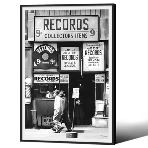 Fashion Black And White Photography Wall Art Vintage Preppy Record Shop Poster 16x24 inch Black Framed Retro Trendy Music Art Aesthetic Canvas Print for Music Lovers Gifts