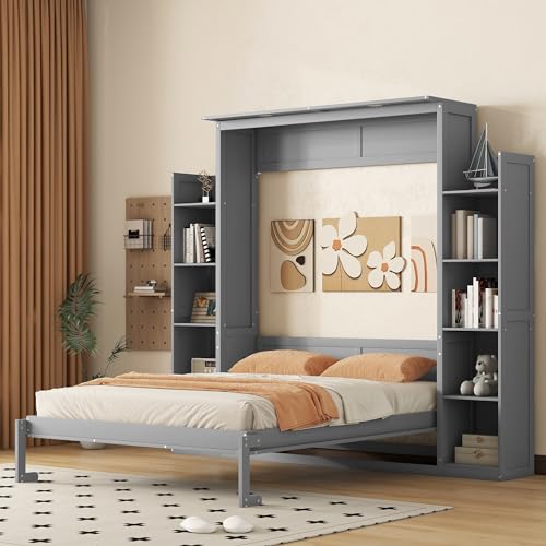 Queen Size Murphy Bed Wall Bed with Shelves and LED Lights,Wood Wall Bed can be Folded into a Cabinet, Modern Foldable Bed Frame for Multipurpose Guest Room or Home Office (Gray@095^)