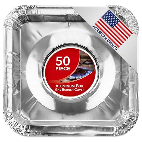 Disposable Gas Burner Liners (50 Pack) Aluminum Foil Square Gas Stove Burner Covers - 8.5 Inch Gas Range Protector, Stove Top Covers for Gas Burners, Foil Liners to Catch Oil, Grease, and Food Spills