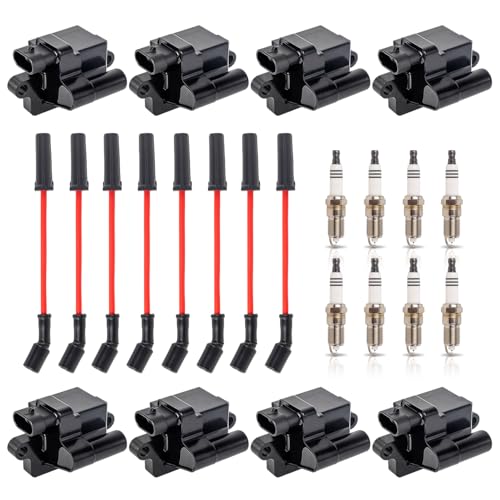 ENA Set of 8 Square Ignition Coil 8 Platinum Spark Plug and Red Wire Set Compatible with Chevrolet Chevy GMC Hummer Avalanche Savana 1500 2500 3500 Sierra H2 4.8L 5.3L 6.0L for UF271 748EE 41962