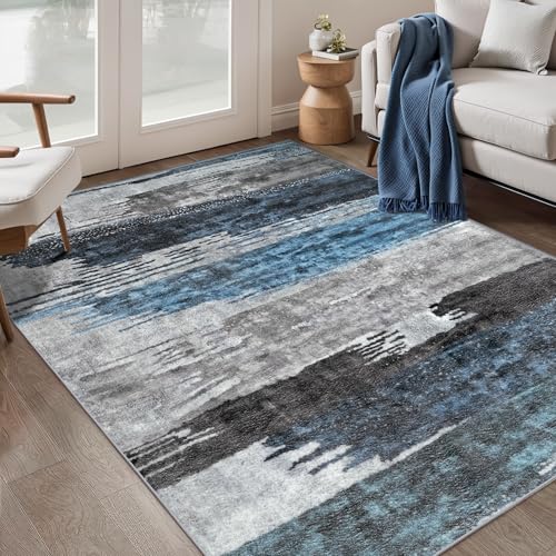 Ciicool Abstract Area Rug Indoor, 3x5 Washable Entryway Rug, Modern Soft Throw Rug with Non-Slip Backing Ideal for Bedroom Living Room Entrance Kitchen, Low-Pile Floor Carpet Doormat Blue Grey