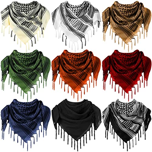 Mumufy 9 Pcs Shemagh Scarf Men Military Shemagh with Tassel Arab Cotton Tactical Scarf Head Neck Wrap Shawl for Women (Classic Colors)