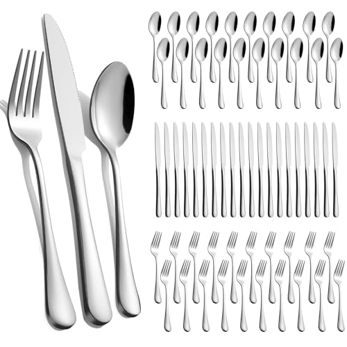 60-Piece Silverware Set for 20 - Stainless Steel Flatware Cutlery Set, Mirror Polished Flatware Set Include Forks Spoons Knives for Home Wedding Restaurant, Dishwasher Safe, Silver, 60 PCS