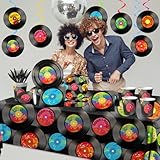 142Pcs Record Theme Tableware Set, 50's Party Decorations Record Paper Plates and Napkins, Cups, Tablecloth, Hanging Swirls Record Banner for 1950's Rock Music Party Supplies