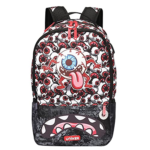 UNIKER Hip Hop Backpack for School,Graffiti Backpack Teens Eyeball Pattern,Cool Work Backpack for Men,Travel Backpack Boys,College Computer Backpack with USB Charging Port