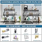 Loyalfire Over Sink Dish Drying Rack, 3 Tier Adjustable Length (20.87'' to 37.6'') Stainless Steel Large Storage Kitchen Dish Rack, Expandable Drainer Shelf Rack with Multifunctional Organizers