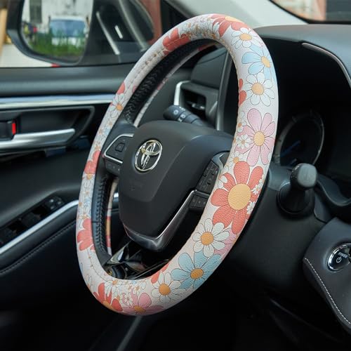 Retro Floral Daisy Colorful Flowers Car Leather Steering Wheel Cover - 15-inch Universal Microfiber- Soft & Breathable & Silicone Anti Slip Auto Steering Wheel Wrap for Women