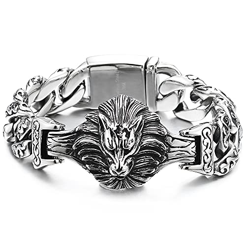 COOLSTEELANDBEYOND Mens Large Steel King Lion Head Tribal Tattoo Pattern Fancy Curb Chain Bracelet, Biker