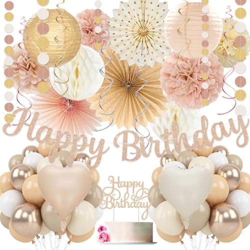 Champagne-Gold Beige Birthday Decorations for Women Girls,Cream Neutral Balloons Décor,Happy Banner,Boho Peach Paper Lanterns Tissue Pom Poms Fan,Anniversary Princess Backdrop Party Supplies