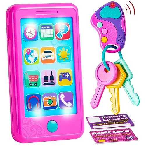 JOYIN Pretend Play Smart Phone, Keyfob Key Toy and Credit Cards Set, Kids Toddler Cellphone Toys, Toddler Birthday Gifts Toys for 1 2 3 4 5 Year Old, Kids Presents