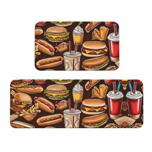Hamburger Doughnut Coke Kitchen Mats for Floor Comfort Non Slip Kitchen Rugs and Mats Home Decor Floor Mats Carpet, 2 Pcs