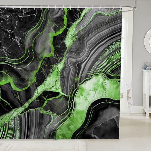 Erosebridal Black Marble Metalshinny Boho Hippie Fluid Bath Curtain 72in Wx84, Green-Gray Abstract Marbling Metallic Texture, Luxury Chop ChopChopchop ShFluid Shower Curtain