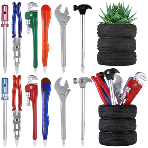 Tire Shaped Pen Holder Novelty Tool Pens Set, 12 PCS Hand Tool Ballpoint Pens with 2 Tire Planter Pen Holders, Hammer Pens Wrench Writing Pen, 0.5mm Black Ink Fun Pens for Adults Kids