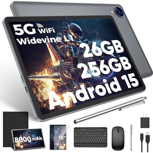 Android 15 Tablet with Keyboard, 26GB RAM, 256GB ROM(2TB Expand), 10.1 inch Octa-Core Tablets, 5G/2.4G WiFi, 8000mAh Battery, BT 5.0, GMS Certified, with Mouse, Case, Stylus, Split screen(Black)