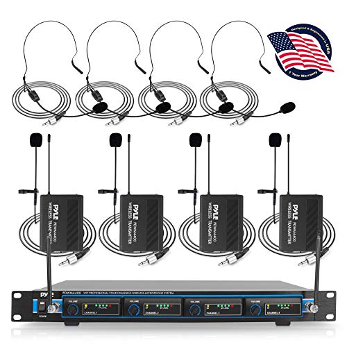 4 Channel Wireless Microphone System - Professional VHF Audio Mic Set with 1/4", XLR Jacks - 4 Headset and 4 Clip Lavalier Lapel Mic, 4 Transmitter, Receiver - For Karaoke, PA, DJ - Pyle PDWM4400