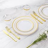 Goodluck 600 Pieces Gold Disposable Plates for 100 Guests, Plastic Plates for Party, Dinnerware Set of 100 Dinner Plates, 100 Salad Plates, 100 Spoons, 100 Forks, 100 Knives, 100 Cups