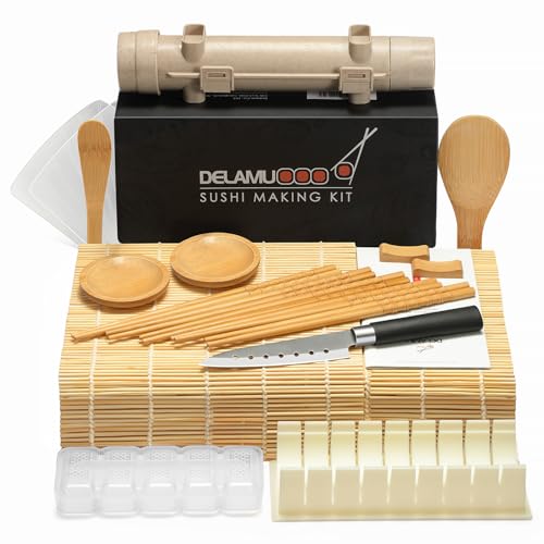 Delamu Sushi Making Kit, 20 in 1 Bazooka Roller Kit with Chef’s Knife, Bamboo Mats, Rice Mold, Temaki Sushi Mats, Rice Paddle, Spreader, Chopsticks, Sauce Dishes, Guide Book