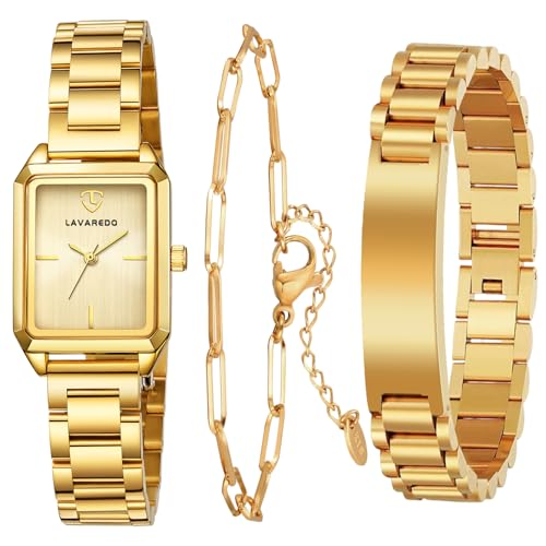 Timever Gold Watch Bracelet Set for Women, 18K Gold Plated Clover Lucky Bracelet Bangle, Elegant Dainty Jewelry Set, Valentines Day Anniversary Birthday Gift for Her (Gift Box Included)