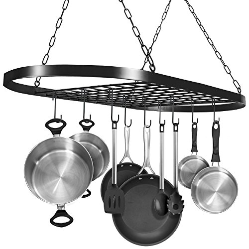 Sorbus® Pot and Pan Rack for Ceiling with Hooks — Decorative Oval Mounted Storage Rack — Multi-Purpose Organizer for Home, Restaurant, Kitchen Cookware, Utensils, Books, Household (Hanging Black)