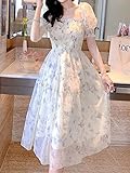 QNNGXX Summer French Vintage Floral Chiffon Dress Square Collar Puff Short Sleeve Ink Painting Dress Korean Dress (Color : White, Size : X-Large)