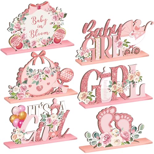 6 Pcs Floral Baby Shower Table Wooden Centerpieces Baby in Bloom Table Display with Letters Pink It's a Girl Gender Reveal for Girl Birthday Photo Props Summer Supplies