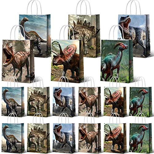 Funrous Dinosaur Gift Party Favor Dino Treat Bags Dinosaur Paper Goodie Bags with Handles Dino Candy Goodie Paper Package for Kids' Birthday Decorations Party Supplies, 8.7 x 6.3 x 3.2 Inch(36 Pcs)