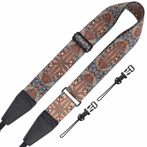Padwa Lifestyle Adjustable Camera Strap - 2" Top Layer Cowhide Head Camera Straps for Photographers,Soft Cotton Crossbody Strap with Quick Release fits All Cameras - Bohemia