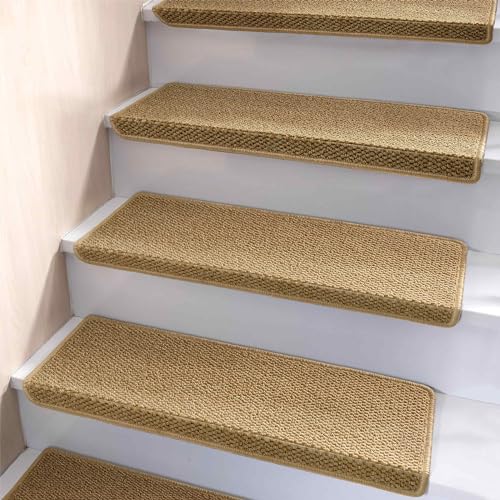 Brakki Bullnose Carpet Stair Treads, Non Slip Stair Treads for Wooden Steps Indoor, Stair Runner, Soft Stair Rugs, Edging Stair Protectors, Washable, 29.5"x9.5"x1.5" 14pcs, Beige