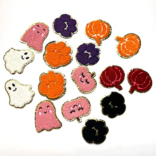Halloween Pumpkin Ghost Skull Appliques Glitter Gold Rim Chenille Iron on Patches Embroidery Patch Towel Sticker for Clothing DIY Bag Caps Hat Badge Stickers (Style 2 （16pcs）)