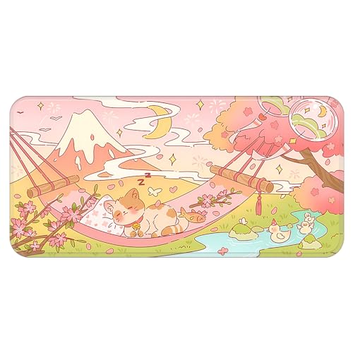 PERFECTSIGHT Cute Kitty Desk Mat Kawaii Desk Pad, Fujiyama Large Gaming Mouse Pad, Funny Cherry Blossom Deskmat Mousepad, Anime Laptop Keyboard Pad Office Home Decor for Women Girls, Sakura Cat