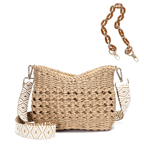 Herald Small Handmade Straw Pocketbook Crossbody Bag for Women, Summer Chic Woven Handbag Shoulder Purse with Chain (Hollow Out Coffee)