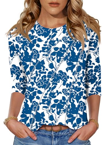 LOMON Summer Tops for Women 2025 3/4 Sleeve T Shirts for Women Cotton Tshirts Petite Blouses 2025 White Blue Floral L