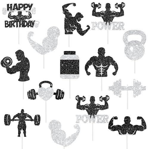 24Pcs Gym Party Cupcake Toppers Glitter Weight Lifting Cupcake Topper Fitness Birthday Party Decorations Gym Workout Cupcake Picks for Gym and Fitness-themed Party Baby Shower Supplies